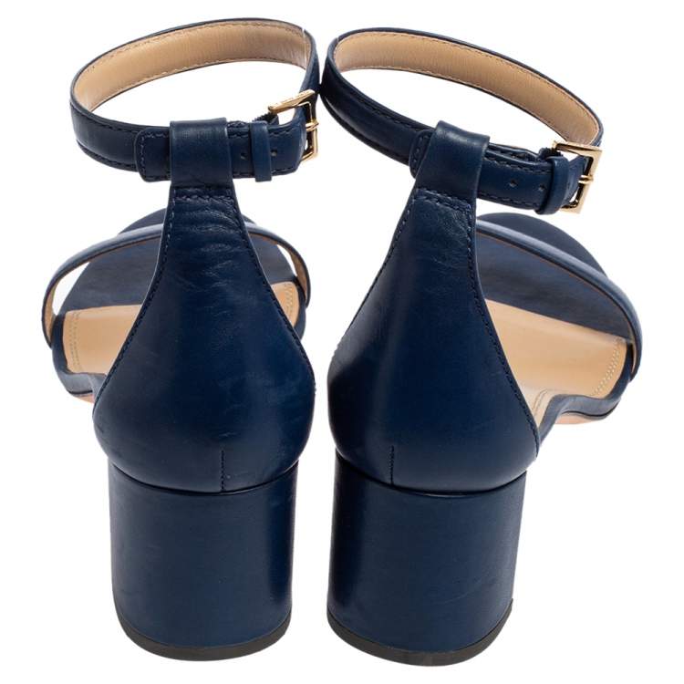 Pre Owned Tory Burch Blue Leather Ankle-Strap Block Heel Sandals Size 40