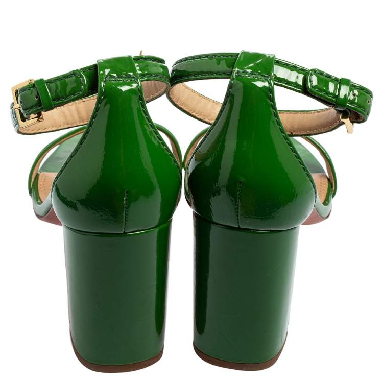 Pre Owned Tory Burch Green Patent Leather Block Heel Ankle-Strap Sandals Size 40