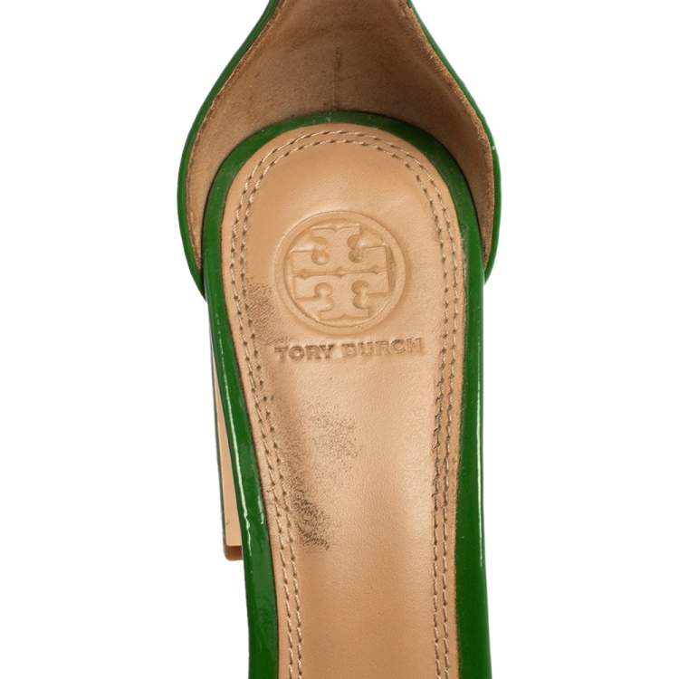 Pre Owned Tory Burch Green Patent Leather Block Heel Ankle-Strap Sandals Size 40