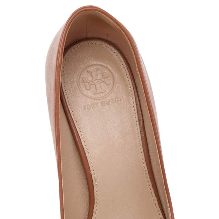 Pre Owned Tory Burch Brown Leather Janey Round Toe Pumps Size 37.5