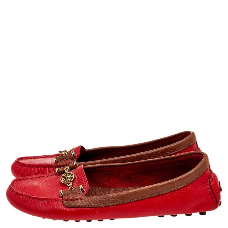 Pre Owned Tory Burch Red/Brown Leather Slip On Loafers Size 39