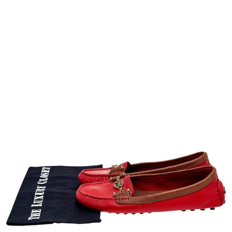 Pre Owned Tory Burch Red/Brown Leather Slip On Loafers Size 39
