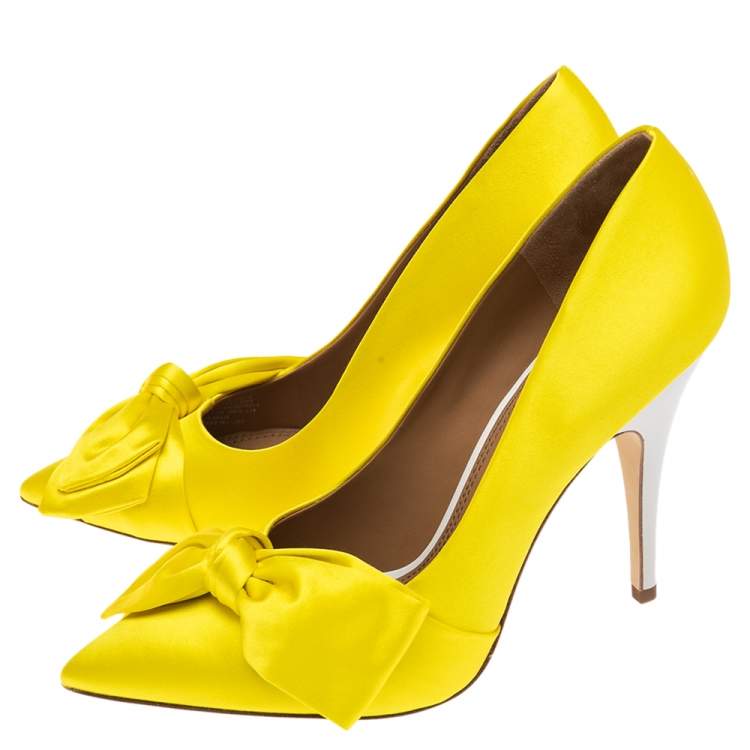 Pre Owned Tory Burch Yellow Satin Knotted Bow Pointed-Toe Pumps Size 40.5