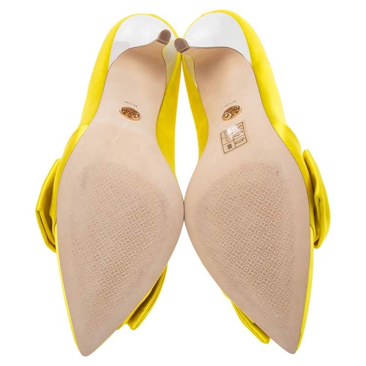 Pre Owned Tory Burch Yellow Satin Knotted Bow Pointed-Toe Pumps Size 40.5