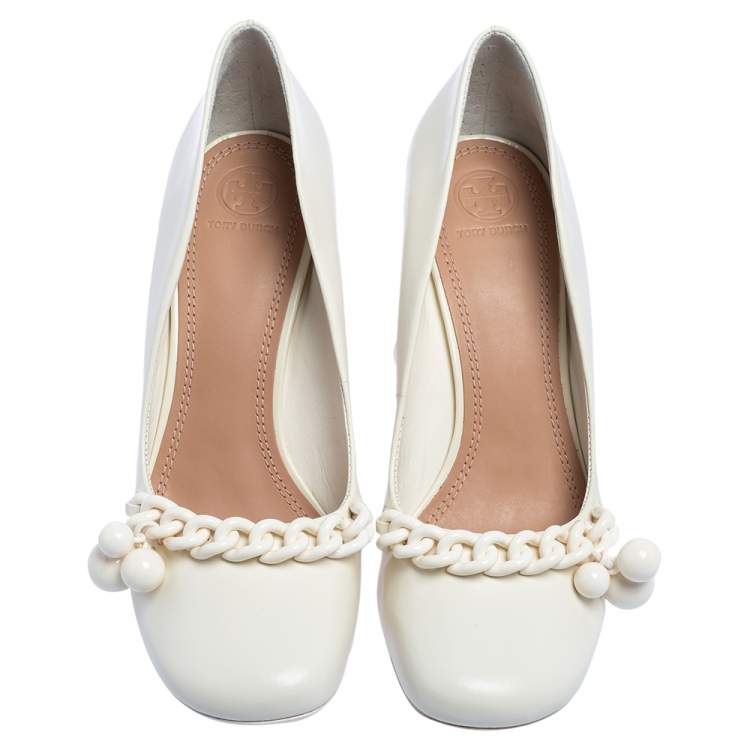 Pre Owned Tory Burch White Glossy Leather Addison Pumps Size 40