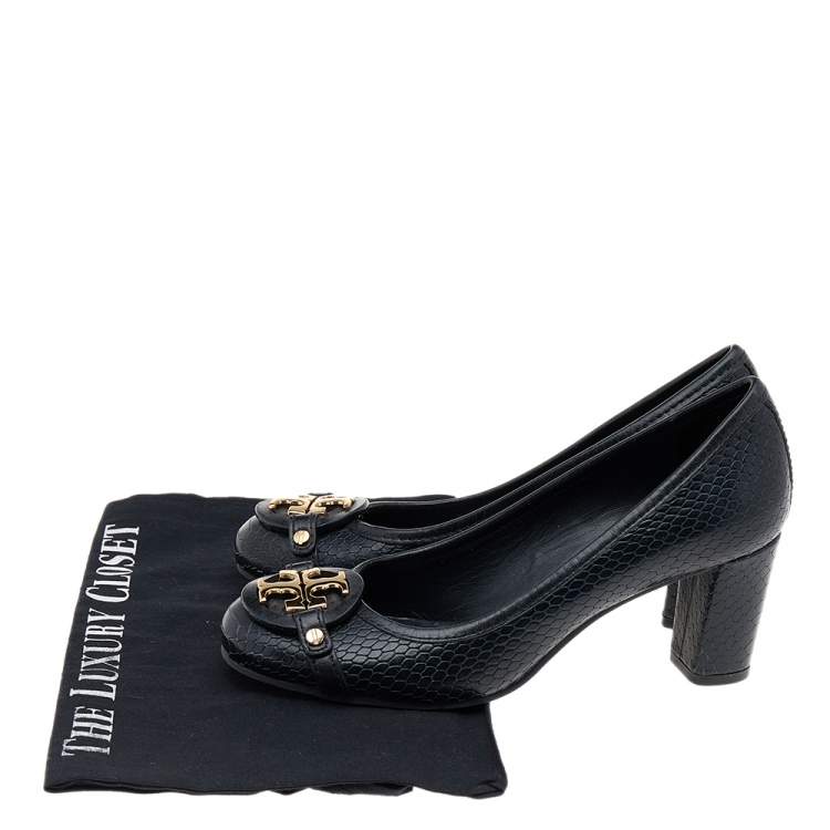 Pre Owned Tory Burch Navy Blue Python Embossed Leather Signature Logo Block Heel Pumps Size 36