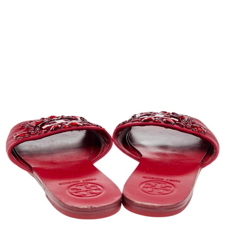 Pre Owned Tory Burch Red Satin Embellished Flat Slides Size 37