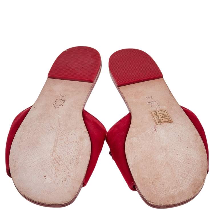 Pre Owned Tory Burch Red Satin Embellished Flat Slides Size 37