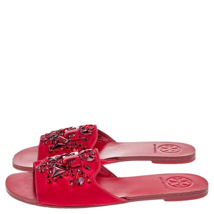 Pre Owned Tory Burch Red Satin Embellished Flat Slides Size 37