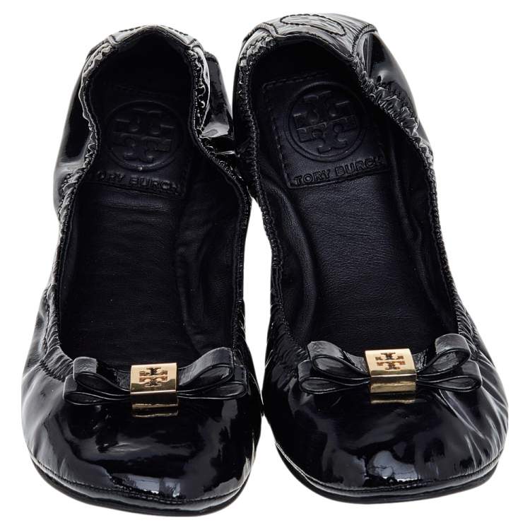 Pre Owned Tory Burch Black Patent Leather Scrunch Ballet Flats Size 37