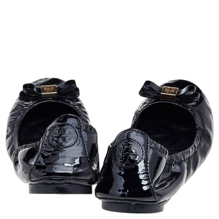 Pre Owned Tory Burch Black Patent Leather Scrunch Ballet Flats Size 37