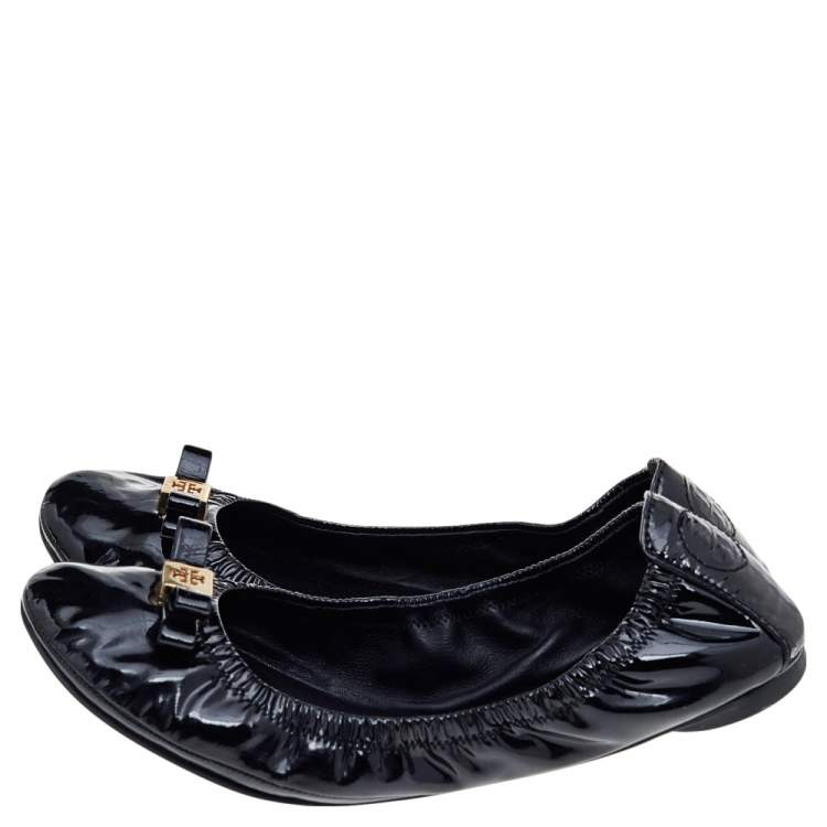 Pre Owned Tory Burch Black Patent Leather Scrunch Ballet Flats Size 37