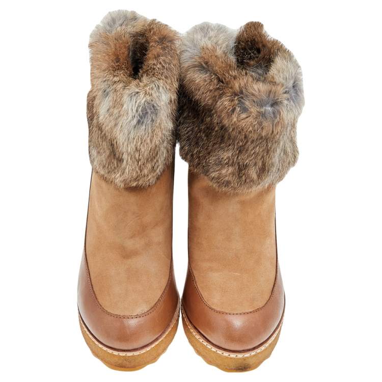 Pre Owned Tory Burch Tan Leather, Suede And Fur Wedge Ankle Boots Size 37