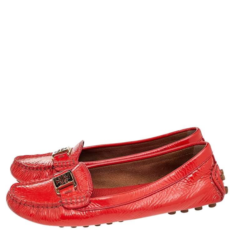 Pre Owned Tory Burch Red Patent Leather Driving Loafers Size 37.5