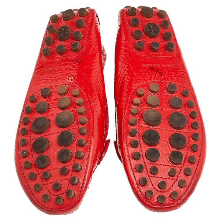 Pre Owned Tory Burch Red Patent Leather Driving Loafers Size 37.5