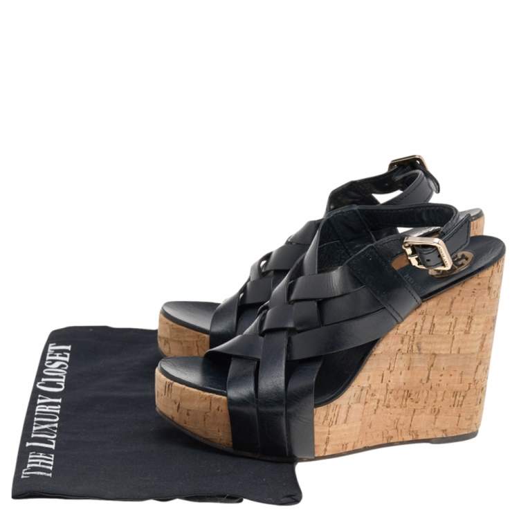 Pre Owned Tory Burch Black Leather Cork Wedge Strappy Platform Sandals Size 38