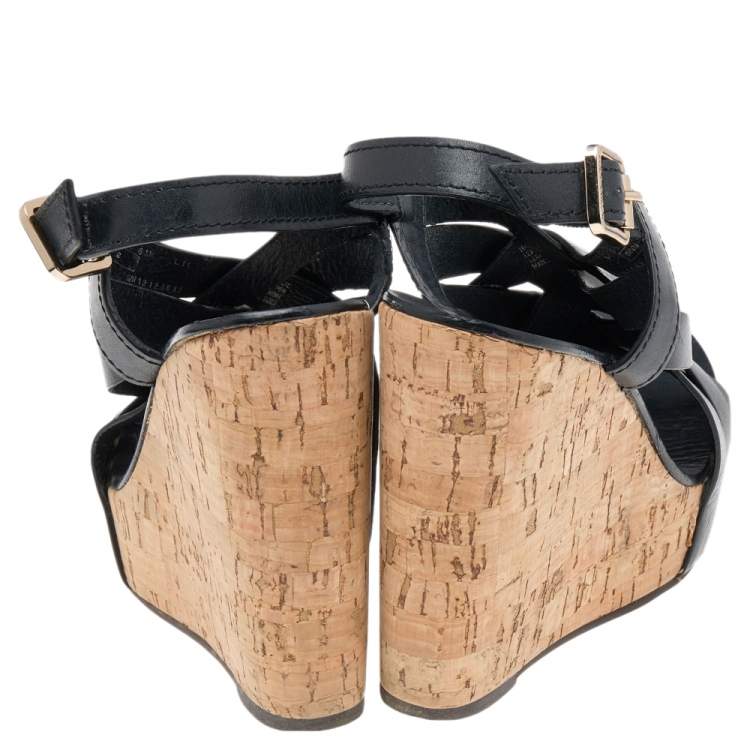 Pre Owned Tory Burch Black Leather Cork Wedge Strappy Platform Sandals Size 38