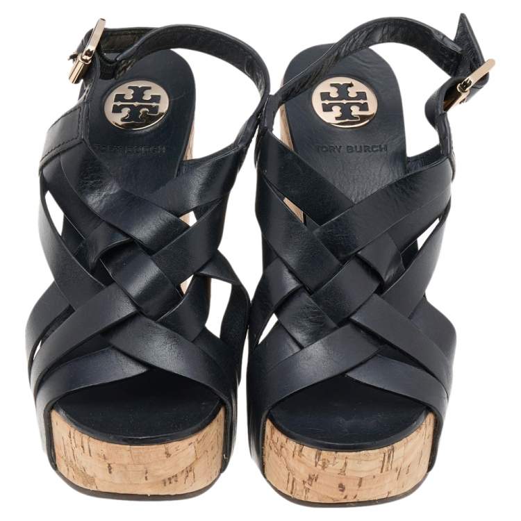 Pre Owned Tory Burch Black Leather Cork Wedge Strappy Platform Sandals Size 38