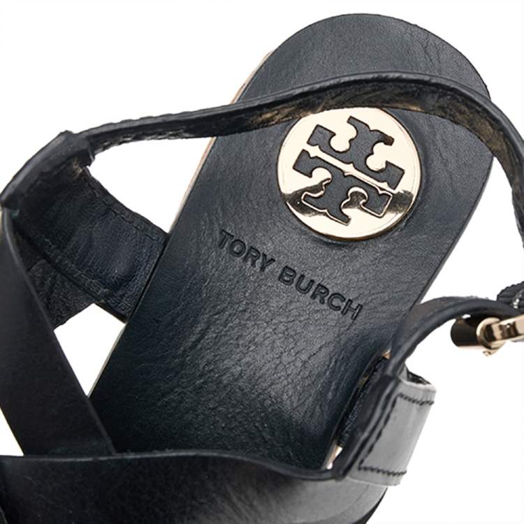 Pre Owned Tory Burch Black Leather Cork Wedge Strappy Platform Sandals Size 38
