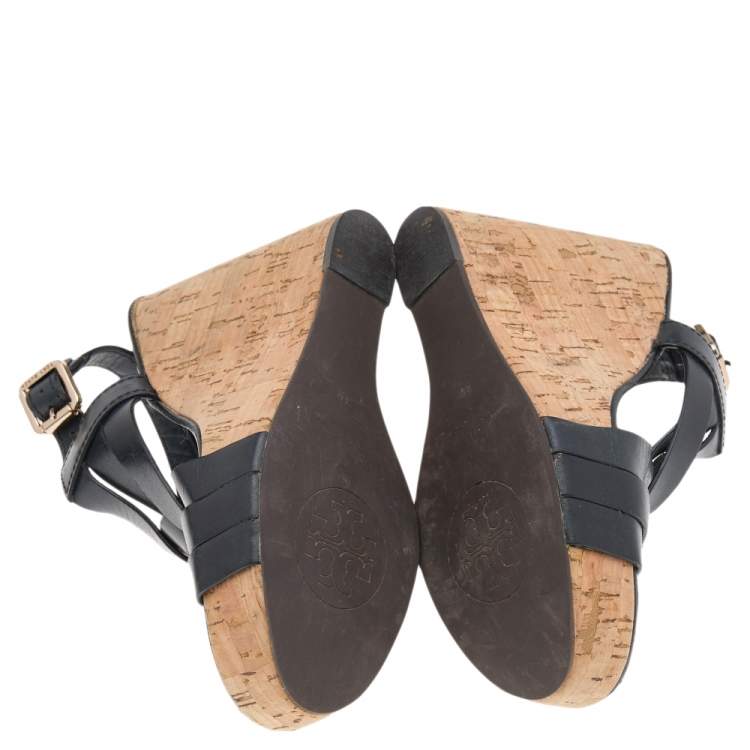 Pre Owned Tory Burch Black Leather Cork Wedge Strappy Platform Sandals Size 38