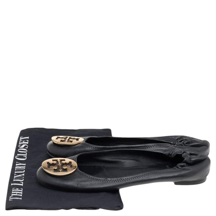 Pre Owned Tory Burch Black Leather Minnie Scrunch Ballet Flats Size 39.5