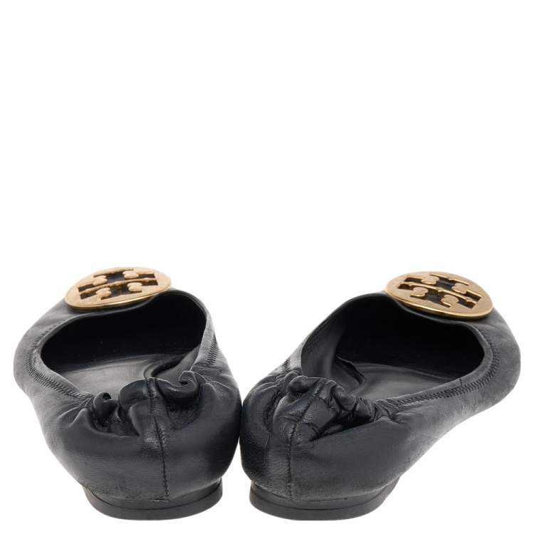 Pre Owned Tory Burch Black Leather Minnie Scrunch Ballet Flats Size 39.5