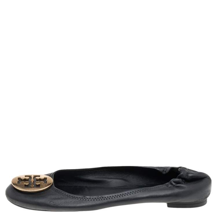 Pre Owned Tory Burch Black Leather Minnie Scrunch Ballet Flats Size 39.5
