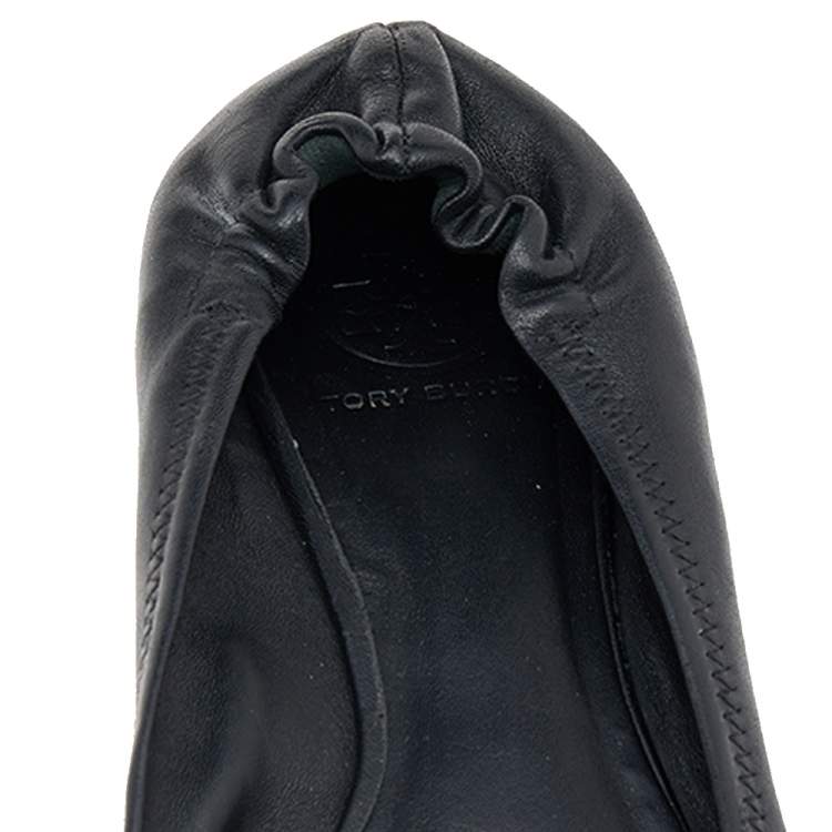 Pre Owned Tory Burch Black Leather Minnie Scrunch Ballet Flats Size 39.5
