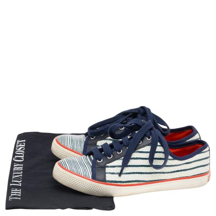 Pre Owned Tory Burch White/Black Snakeskin Embossed Leather And Leather Low Top Sneakers Size 39