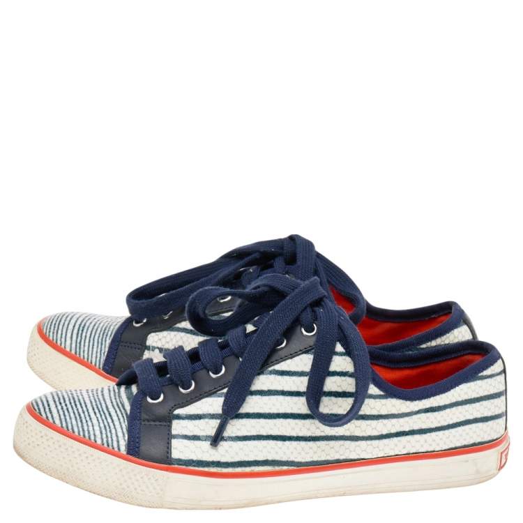 Pre Owned Tory Burch White/Black Snakeskin Embossed Leather And Leather Low Top Sneakers Size 39