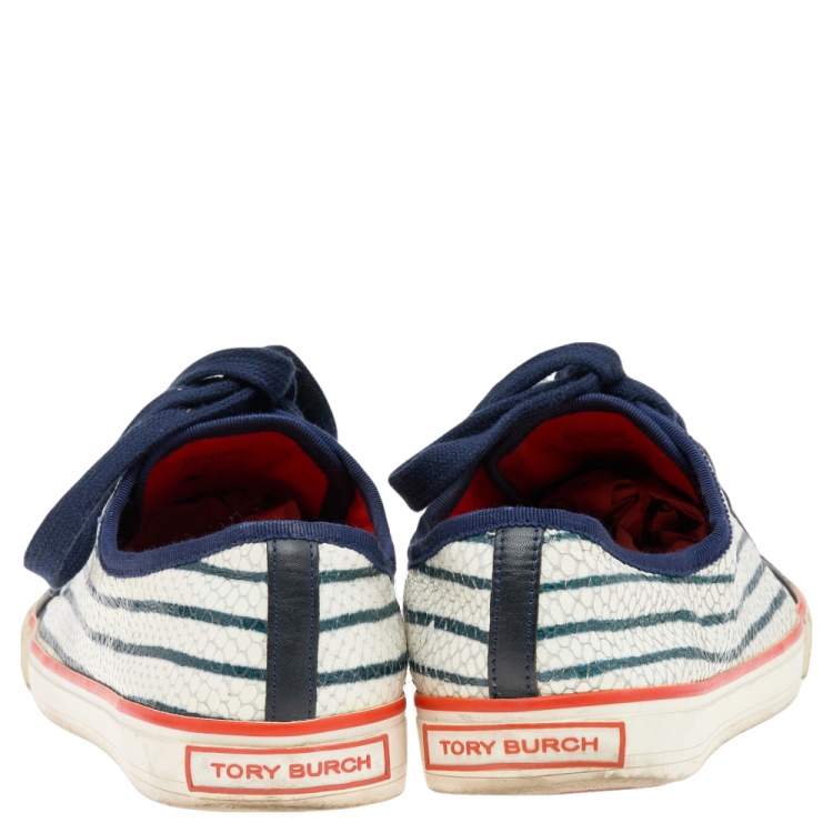 Pre Owned Tory Burch White/Black Snakeskin Embossed Leather And Leather Low Top Sneakers Size 39