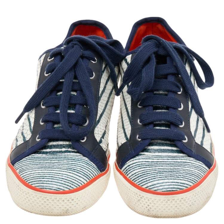 Pre Owned Tory Burch White/Black Snakeskin Embossed Leather And Leather Low Top Sneakers Size 39