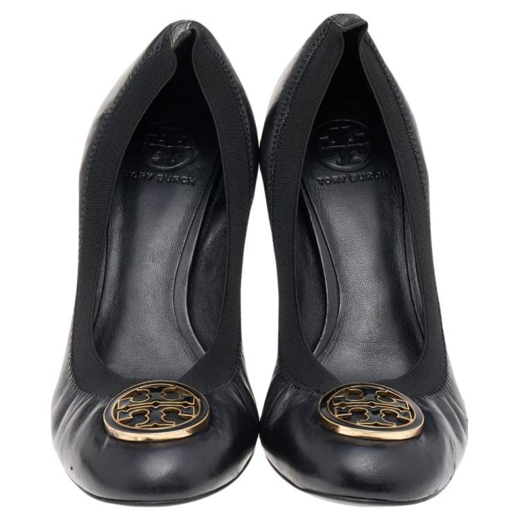 Pre Owned Tory Burch Black Leather And Elastic Caroline Pumps Size 40