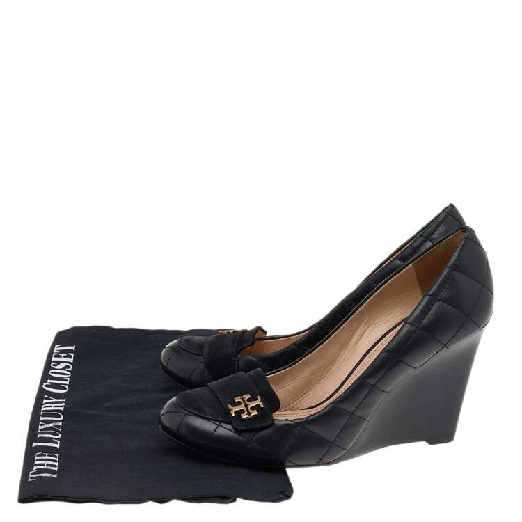 Pre Owned Tory Burch Black Quilted Leather And Suede Leila Wedge Pumps Size 37.5
