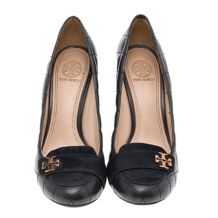 Pre Owned Tory Burch Black Quilted Leather And Suede Leila Wedge Pumps Size 37.5