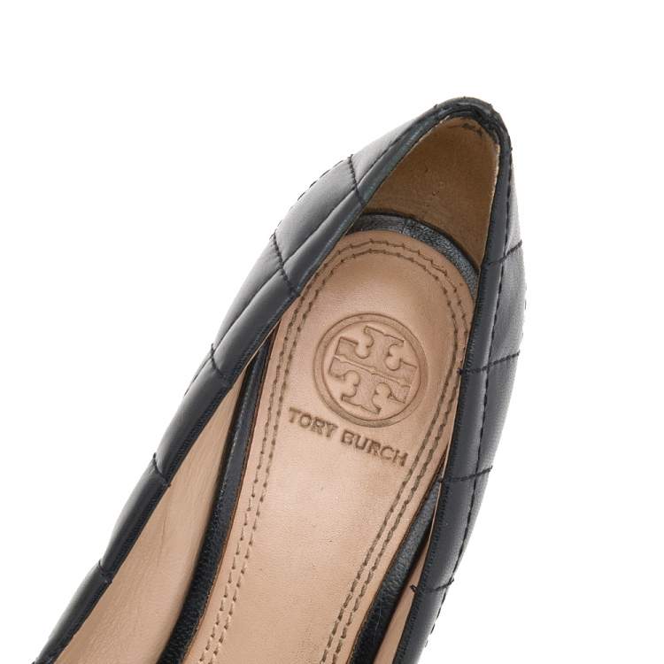 Pre Owned Tory Burch Black Quilted Leather And Suede Leila Wedge Pumps Size 37.5