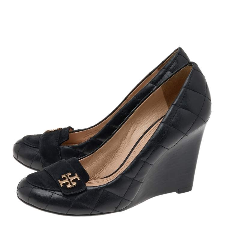 Pre Owned Tory Burch Black Quilted Leather And Suede Leila Wedge Pumps Size 37.5