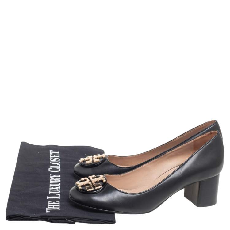 Pre Owned Tory Burch Black Leather Janey Block Heel Pumps Size 35
