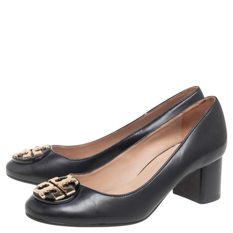 Pre Owned Tory Burch Black Leather Janey Block Heel Pumps Size 35