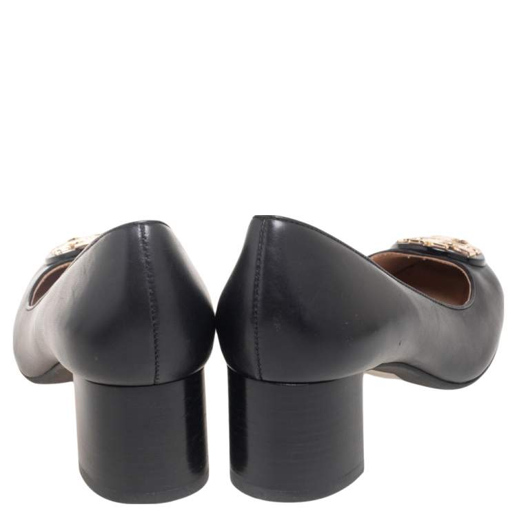 Pre Owned Tory Burch Black Leather Janey Block Heel Pumps Size 35