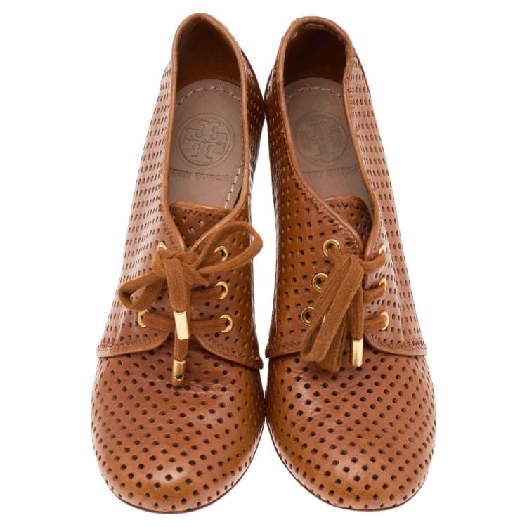 Pre Owned Tory Burch Brown Perforated Leather Wedge Sneakers Size 38.5