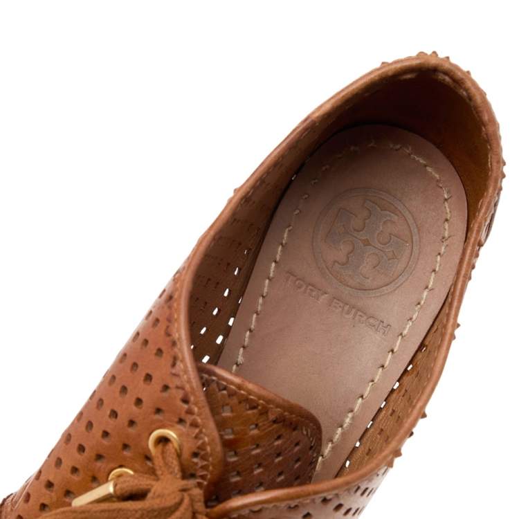 Pre Owned Tory Burch Brown Perforated Leather Wedge Sneakers Size 38.5