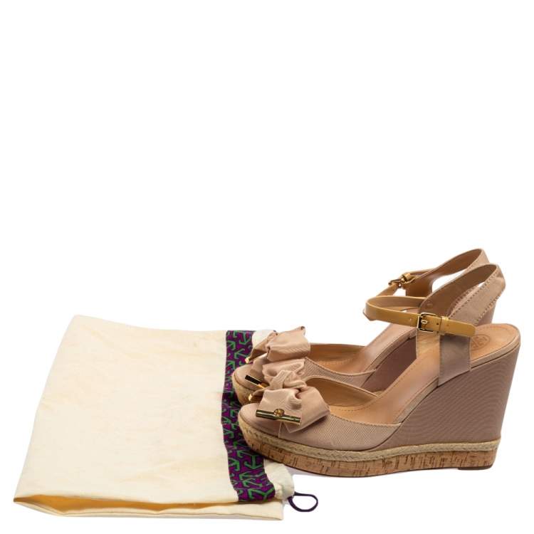 Pre Owned Tory Burch Beige Canvas Espadrille Wedge  Ankle Strap Sandals Size 40.5