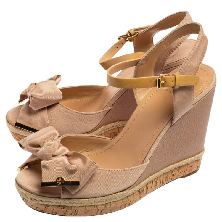 Pre Owned Tory Burch Beige Canvas Espadrille Wedge  Ankle Strap Sandals Size 40.5