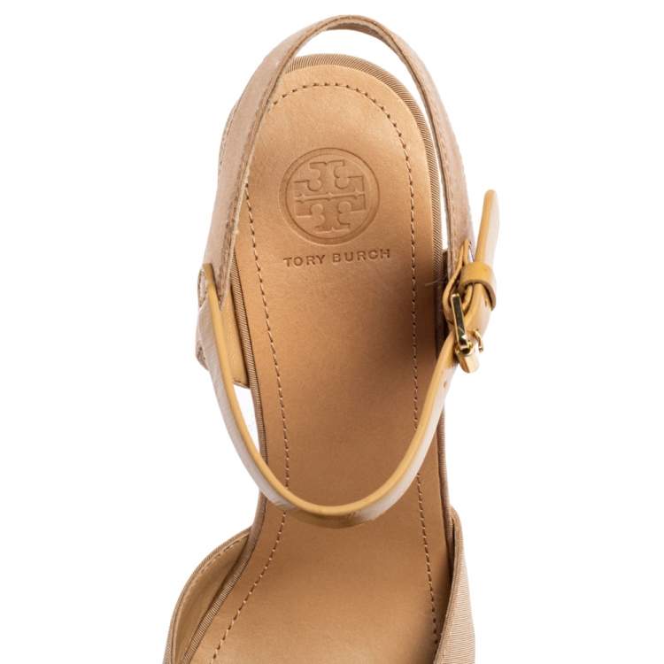 Pre Owned Tory Burch Beige Canvas Espadrille Wedge  Ankle Strap Sandals Size 40.5