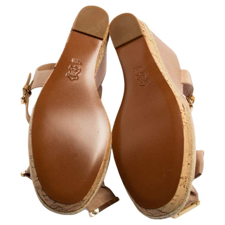 Pre Owned Tory Burch Beige Canvas Espadrille Wedge  Ankle Strap Sandals Size 40.5