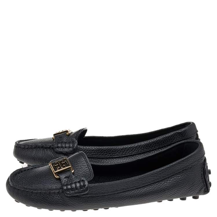 Pre Owned Tory Burch Black Leather Slip On Loafers Size 38