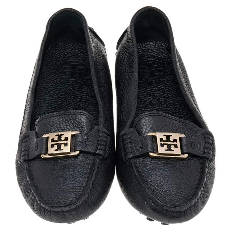 Pre Owned Tory Burch Black Leather Slip On Loafers Size 38