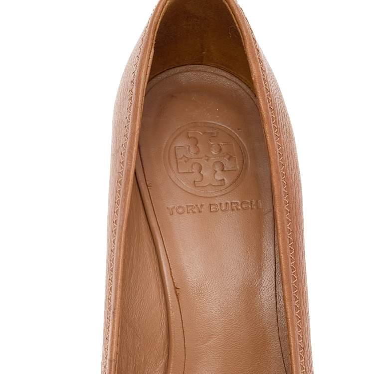 Pre Owned Tory Burch Brown Leather Sally Wedge Pumps Size 38