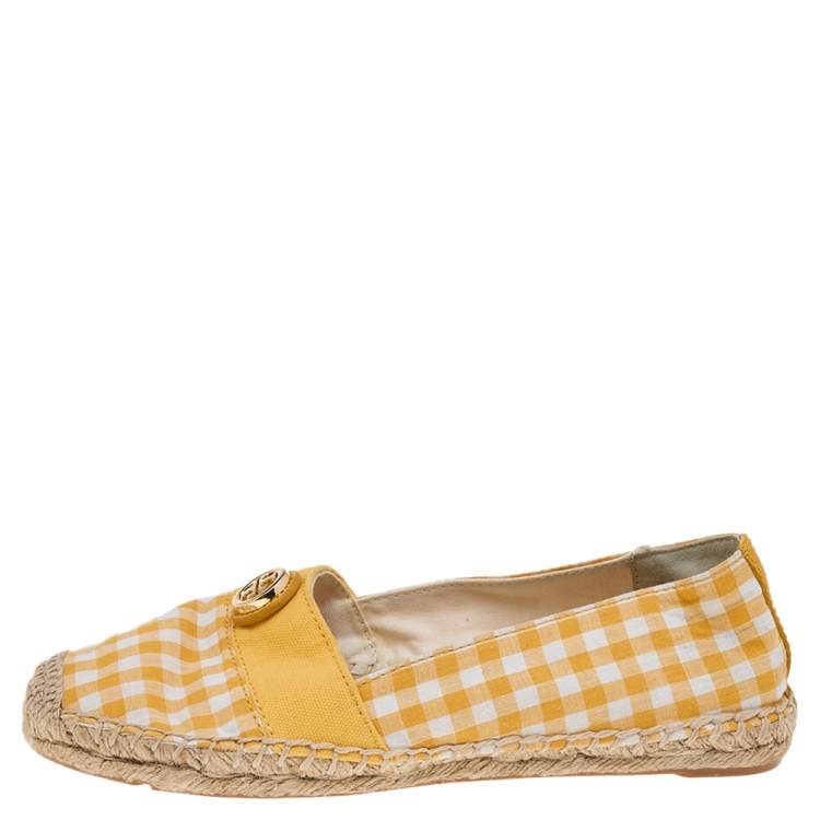 Pre Owned Tory Burch Yellow/White Gingham Fabric And Canvas Espadrille Flats Size 37.5